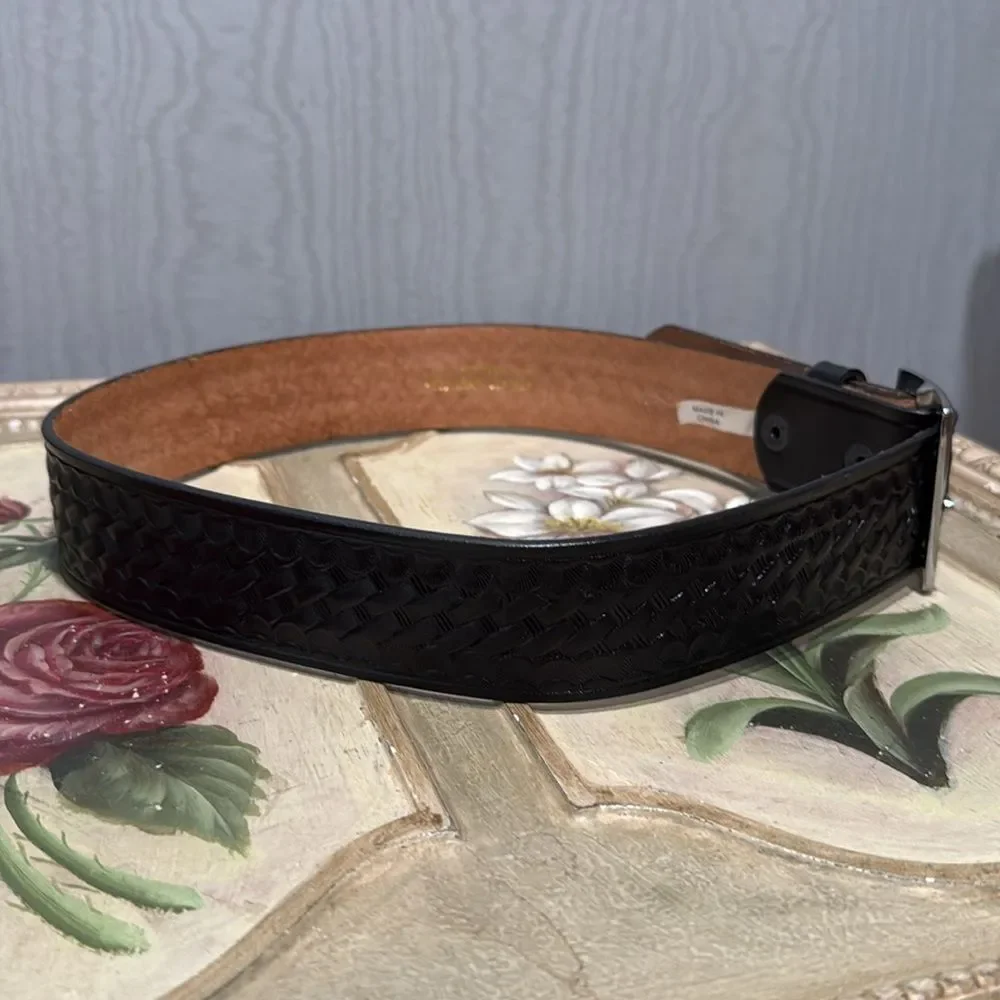 Dutyman 1621 Basketweave Leather Garrison Belt Black Silver Tone Buckle 30 NWOT
